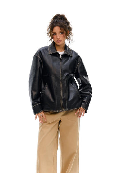 Vone SheeE American Retro Rub Color Black Thickened Loose Fit Women&