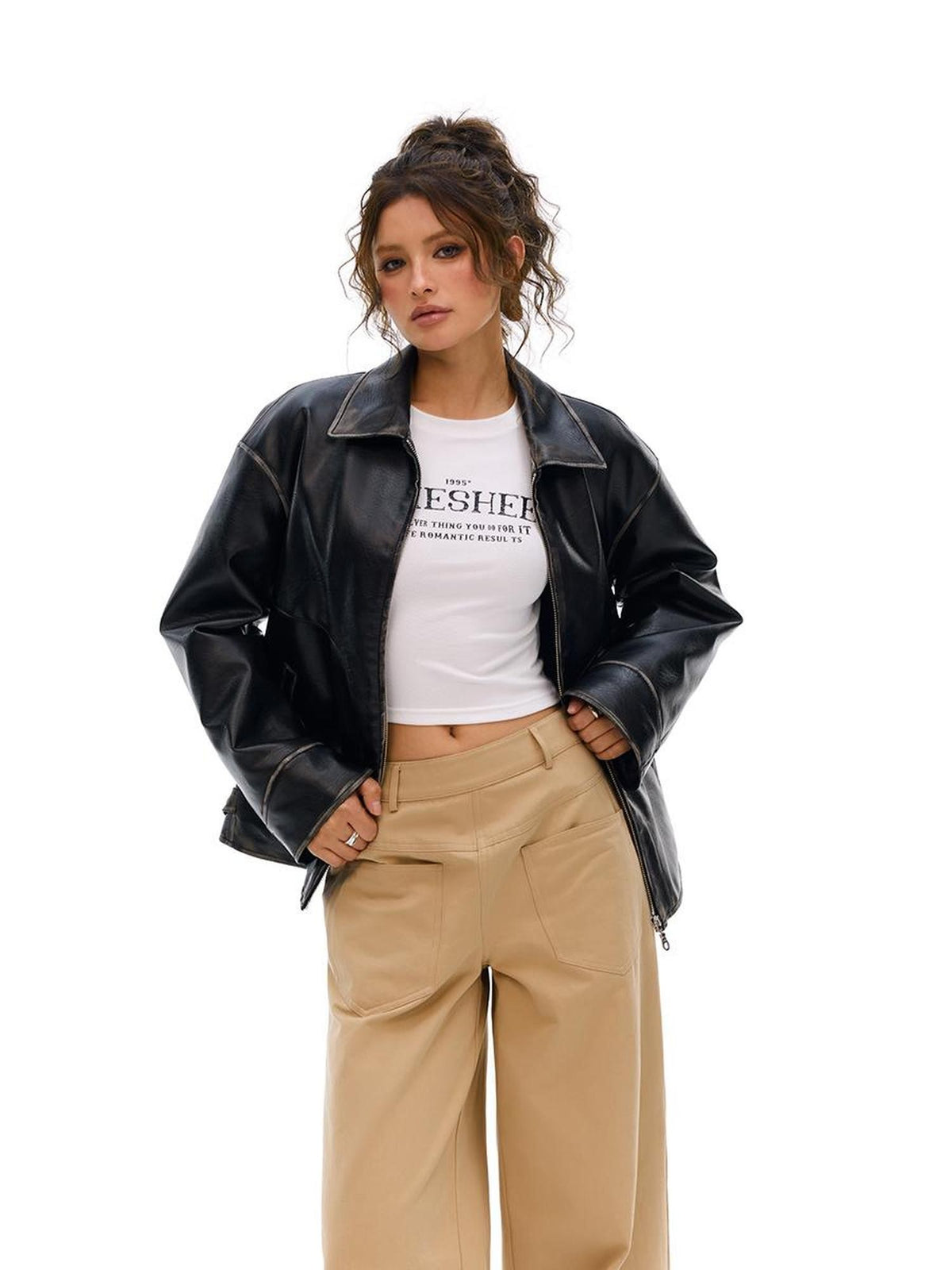 Vone SheeE American Retro Rub Color Black Thickened Loose Fit Women&