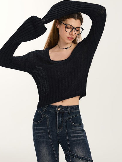 Vone SheeE American Retro U Neck Slim Fit Long Sleeve Pullover Knit Women&