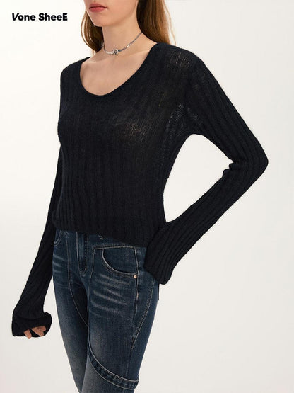 Vone SheeE American Retro U Neck Slim Fit Long Sleeve Pullover Knit Women&