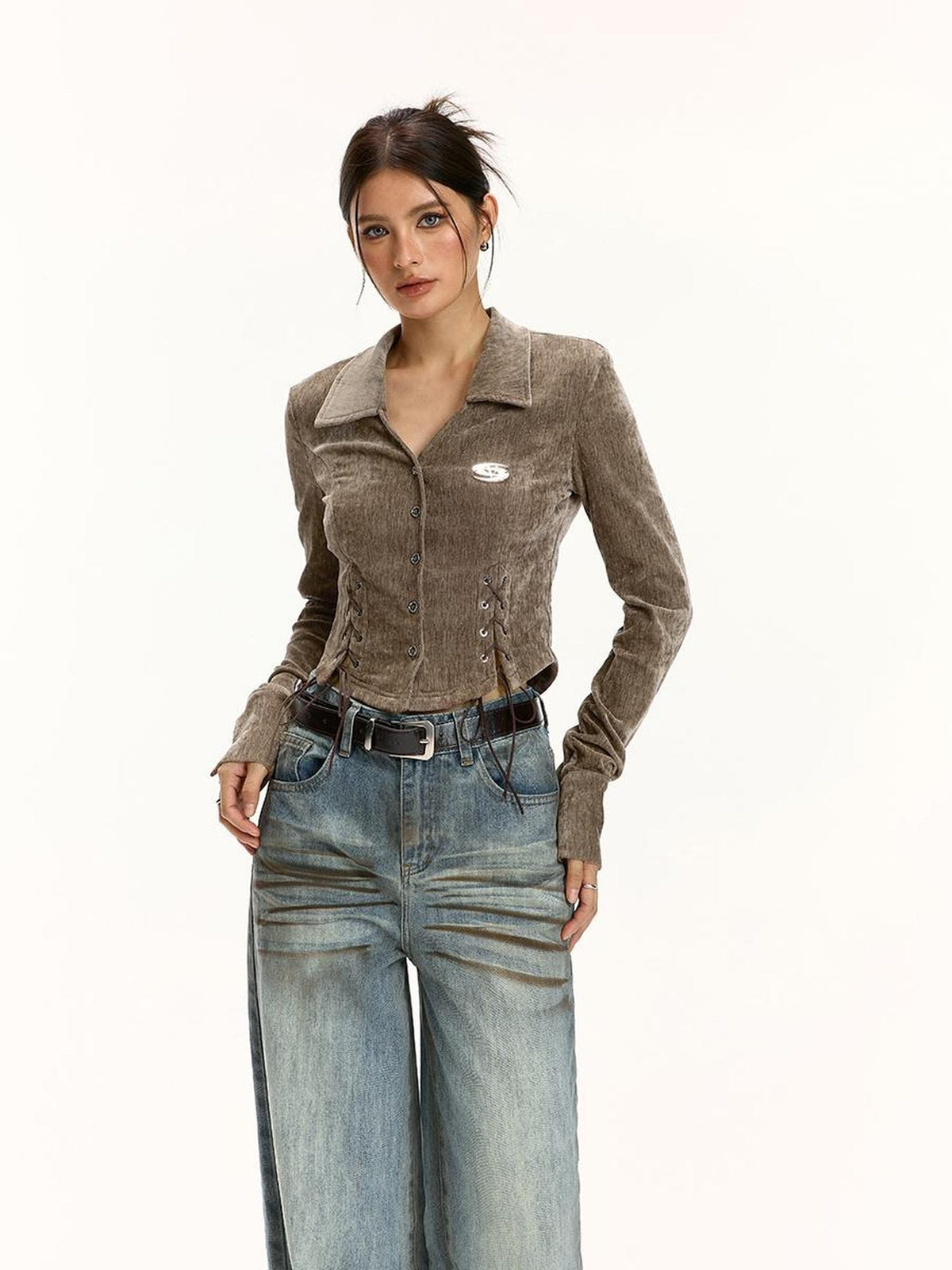 Vone SheeE American Retro Velvet Drawstring V-neck Slim Fit Women&