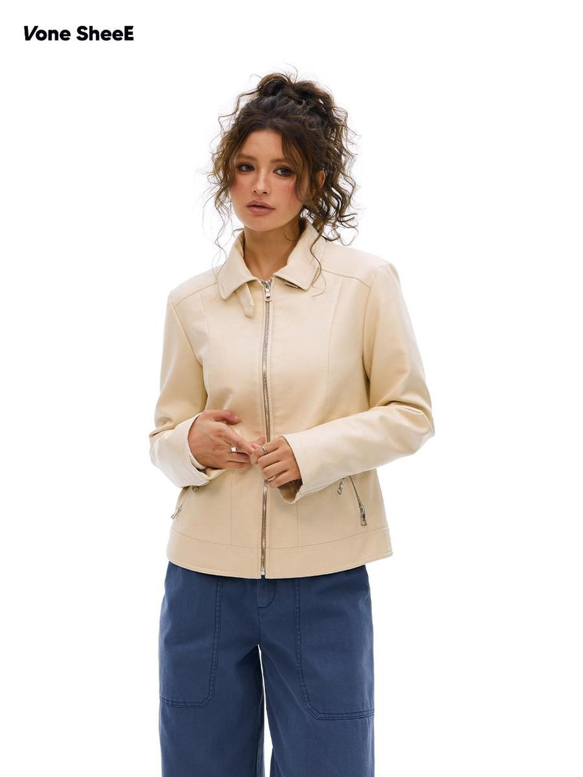 Vone SheeE Baggy Fleece Lined Lapel Zip Up Long Sleeve Women&