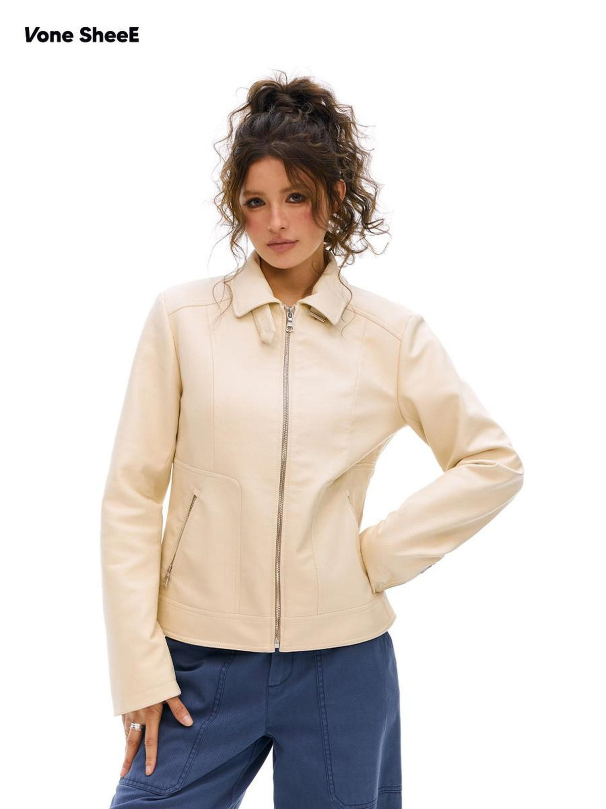 Vone SheeE Baggy Fleece Lined Lapel Zip Up Long Sleeve Women&