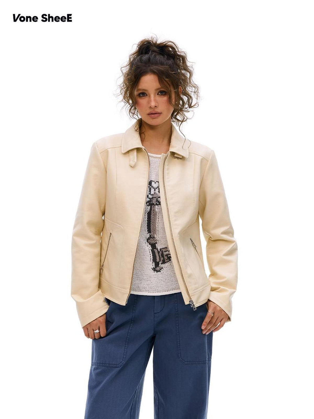 Vone SheeE Baggy Fleece Lined Lapel Zip Up Long Sleeve Women&