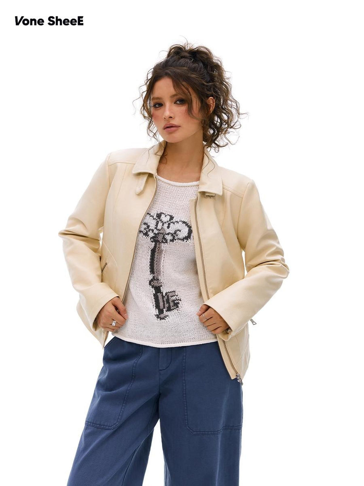 Vone SheeE Baggy Fleece Lined Lapel Zip Up Long Sleeve Women&