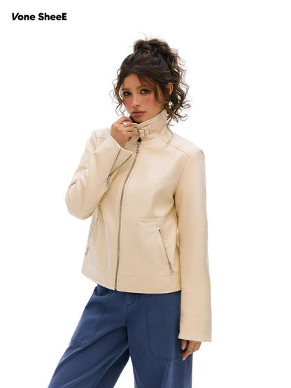Vone SheeE Baggy Fleece Lined Lapel Zip Up Long Sleeve Women&