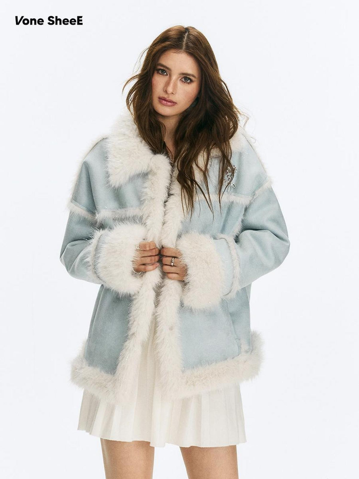 Vone SheeE Blue Colorblock Fur Trim Women&