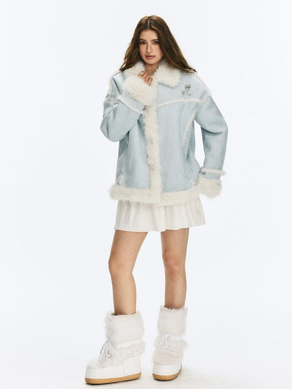 Vone SheeE Blue Colorblock Fur Trim Women&