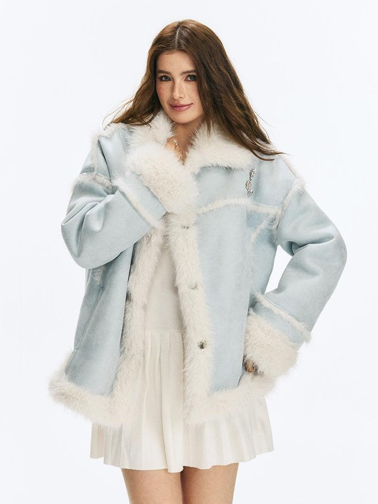 Vone SheeE Blue Colorblock Fur Trim Women&