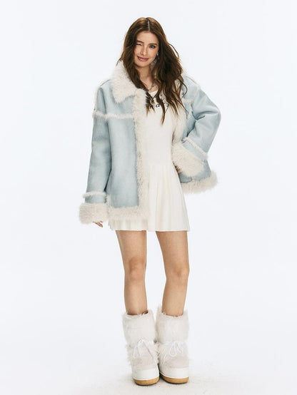 Vone SheeE Blue Colorblock Fur Trim Women&