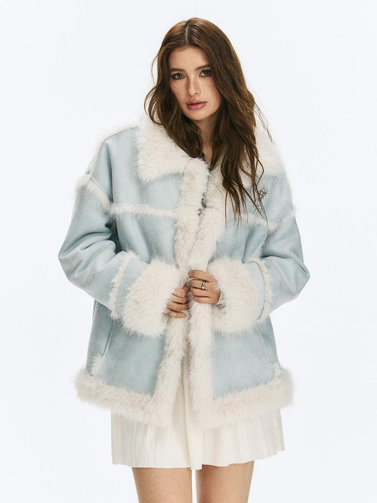 Vone SheeE Blue Colorblock Fur Trim Women&
