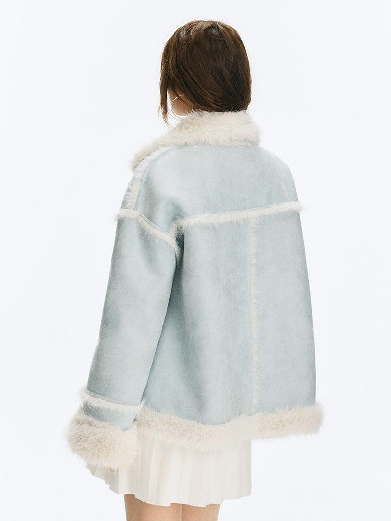 Vone SheeE Blue Colorblock Fur Trim Women&