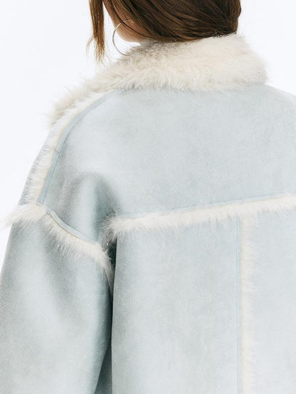 Vone SheeE Blue Colorblock Fur Trim Women&