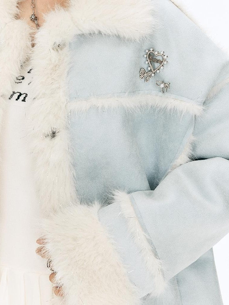 Vone SheeE Blue Colorblock Fur Trim Women&