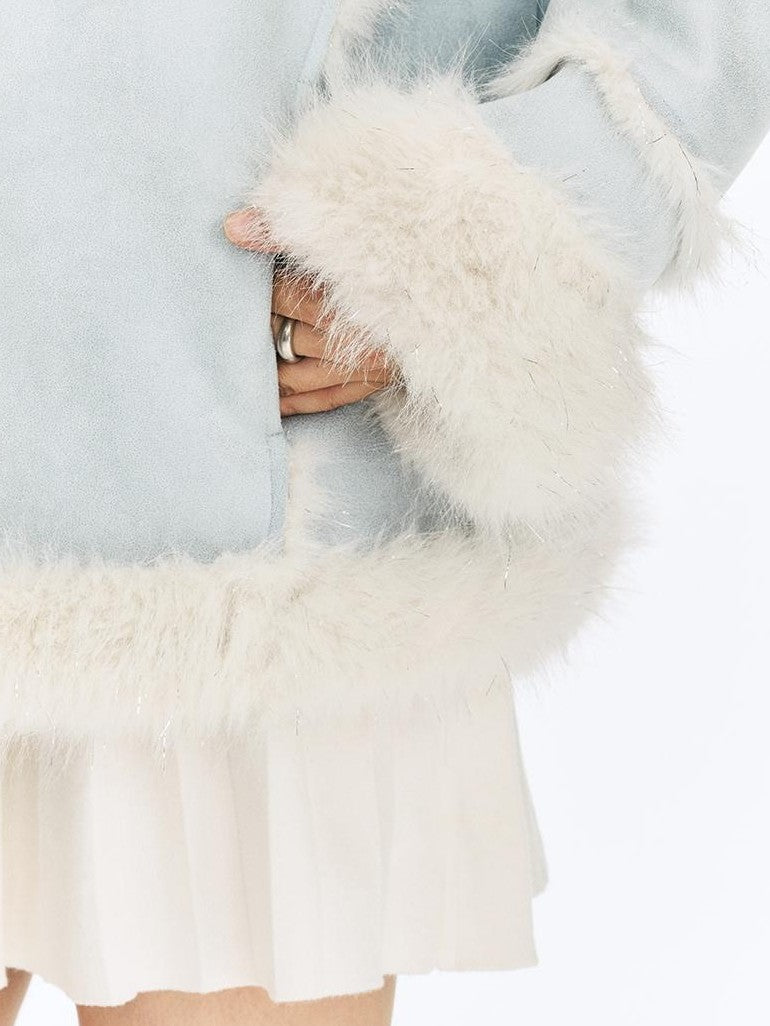 Vone SheeE Blue Colorblock Fur Trim Women&
