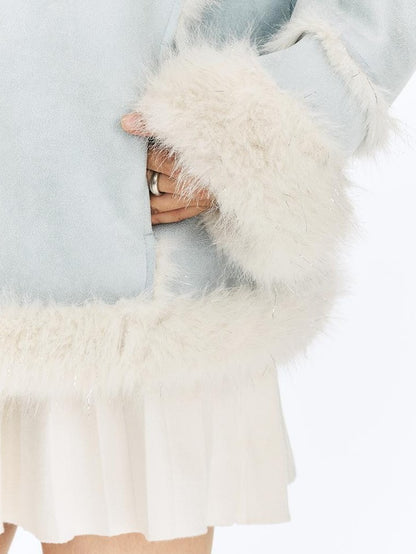 Vone SheeE Blue Colorblock Fur Trim Women&