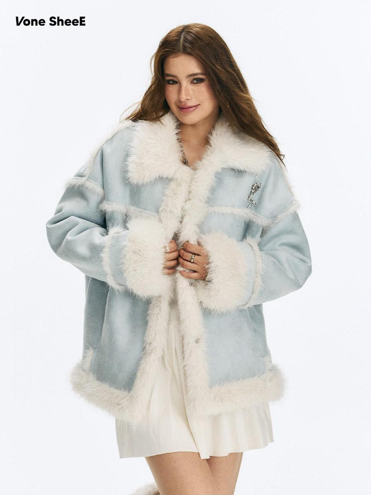 Vone SheeE Blue Colorblock Fur Trim Women&
