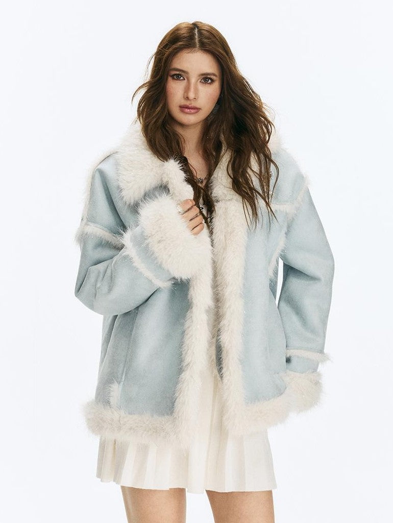 Vone SheeE Blue Colorblock Fur Trim Women&