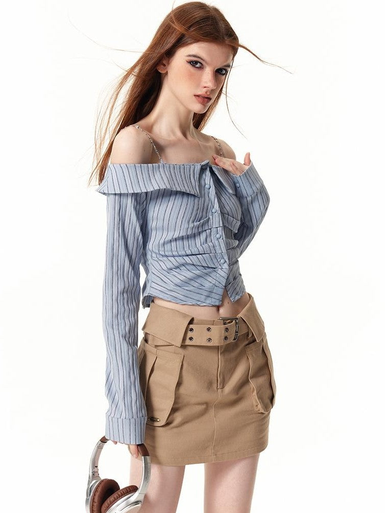 Vone SheeE Blue Striped Off Shoulder Ruched Slim Fit Women&