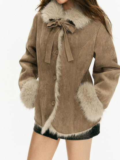 Vone SheeE Bow Color Block Faux Fur Pu Women&