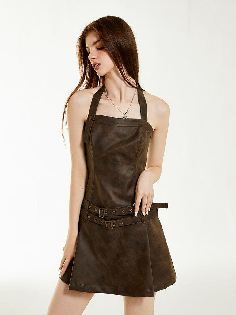 Vone SheeE Brown Faux Leather Backless Bodycon Women&