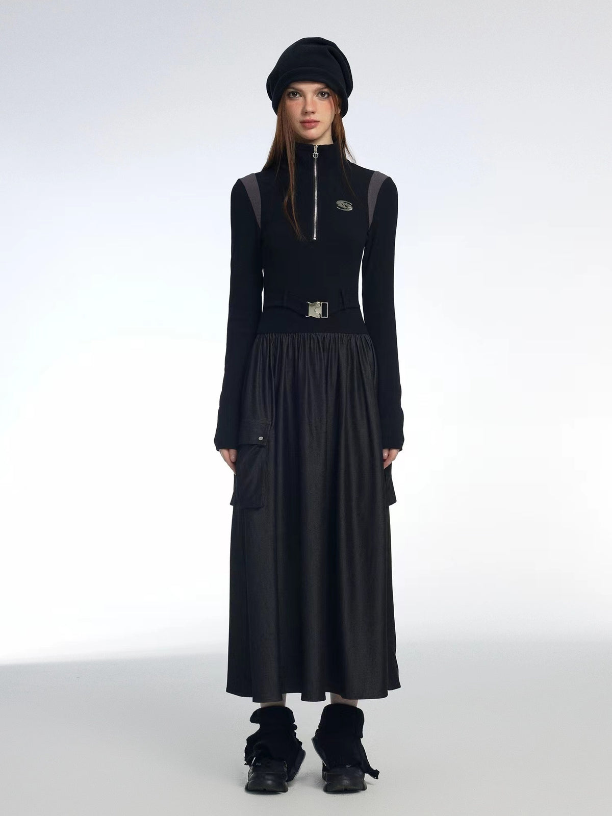 Vone_SheeE_Color_Block_Faux_Two_Piece_Stand_Collar_Long_Sleeve_Cotton_Blend_A_Line_Women&