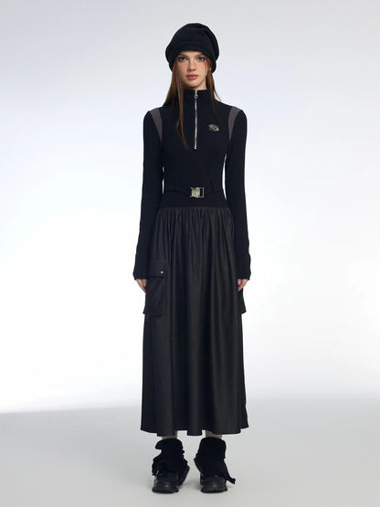 Vone_SheeE_Color_Block_Faux_Two_Piece_Stand_Collar_Long_Sleeve_Cotton_Blend_A_Line_Women&