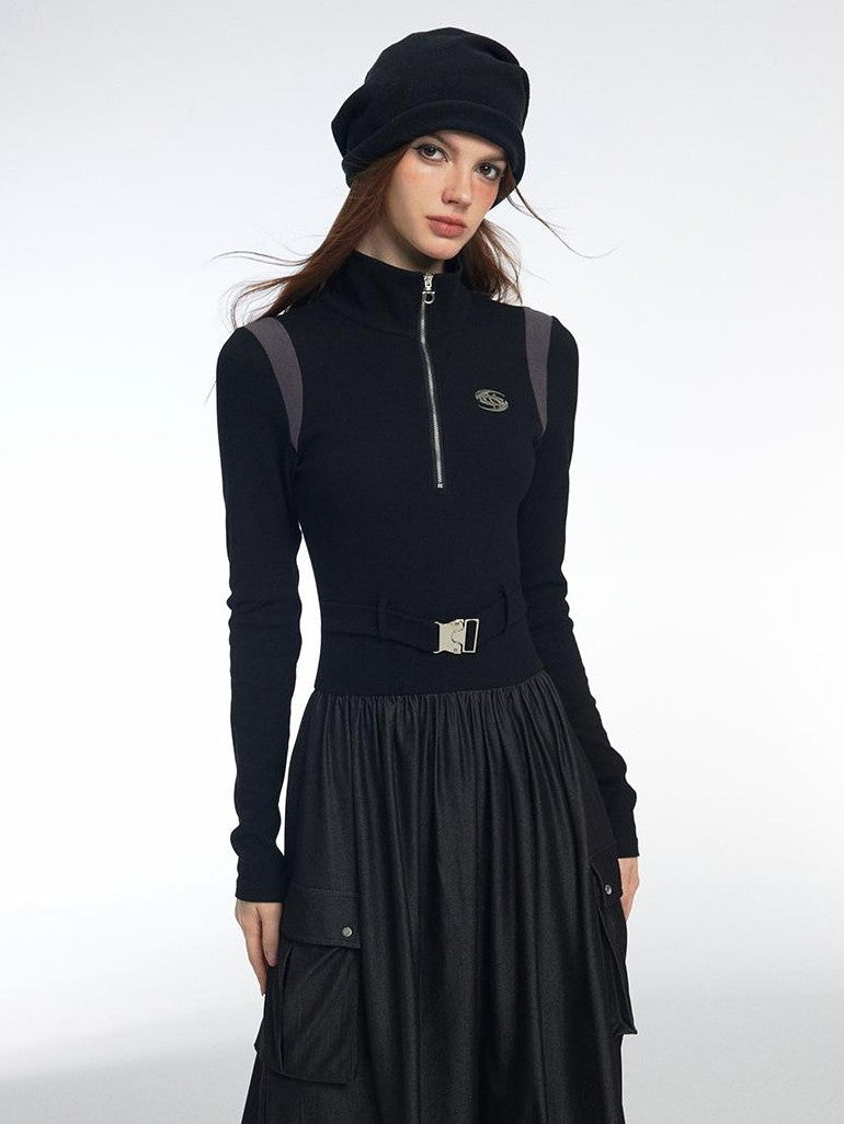 Vone SheeE Color Block Faux Two Piece Stand Collar Long Sleeve Cotton Blend A Line Women&