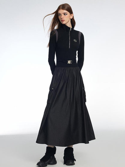 Vone SheeE Color Block Faux Two Piece Stand Collar Long Sleeve Cotton Blend A Line Women&