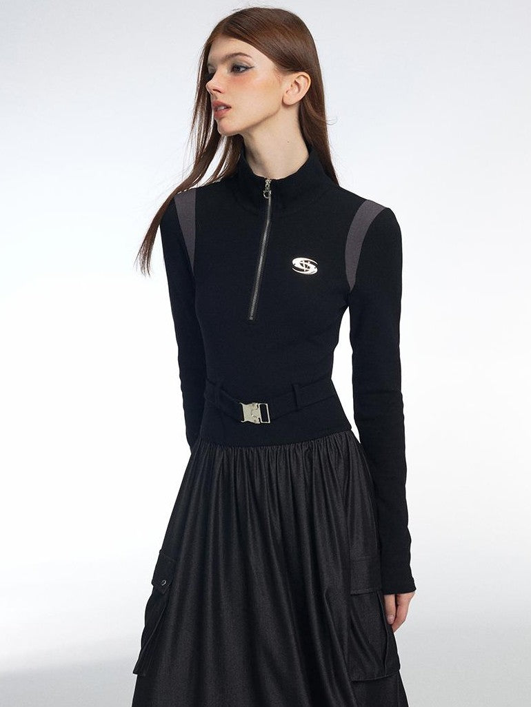 Vone SheeE Color Block Faux Two Piece Stand Collar Long Sleeve Cotton Blend A Line Women&