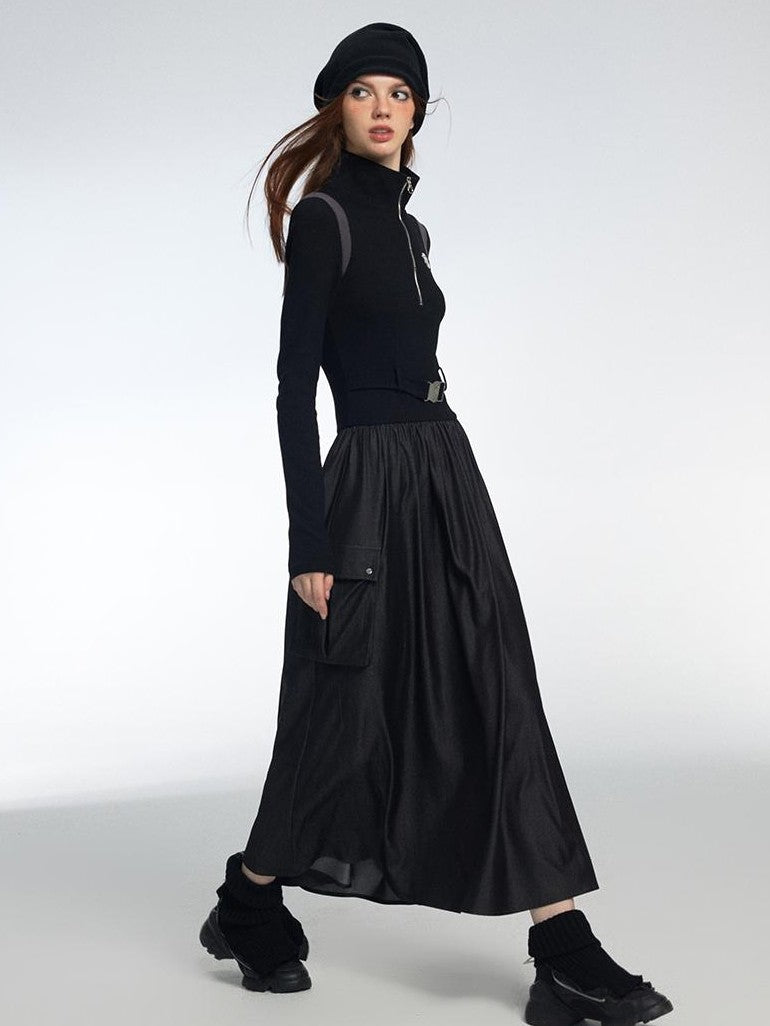 Vone SheeE Color Block Faux Two Piece Stand Collar Long Sleeve Cotton Blend A Line Women&