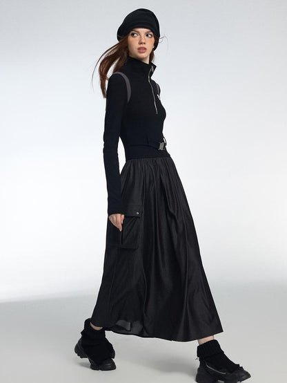 Vone SheeE Color Block Faux Two Piece Stand Collar Long Sleeve Cotton Blend A Line Women&