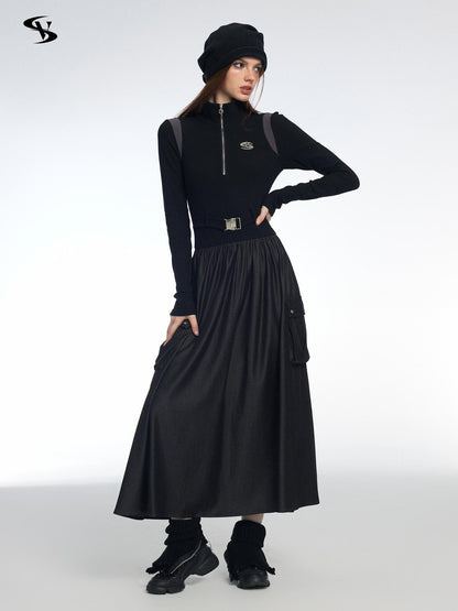 Vone SheeE Color Block Faux Two Piece Stand Collar Long Sleeve Cotton Blend A Line Women&