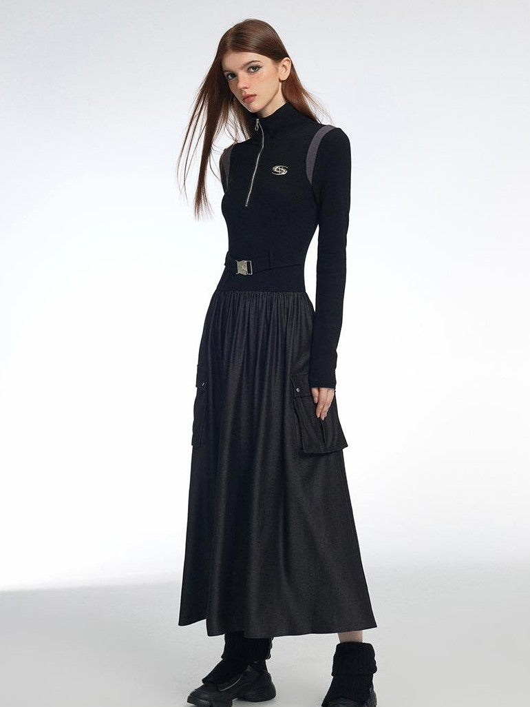 Vone SheeE Color Block Faux Two Piece Stand Collar Long Sleeve Cotton Blend A Line Women&