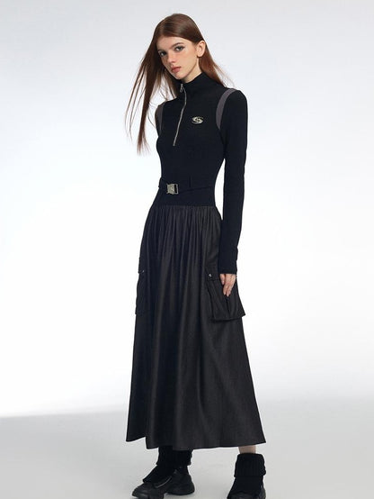 Vone SheeE Color Block Faux Two Piece Stand Collar Long Sleeve Cotton Blend A Line Women&