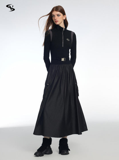 Vone SheeE Color Block Faux Two Piece Stand Collar Long Sleeve Cotton Blend A Line Women&
