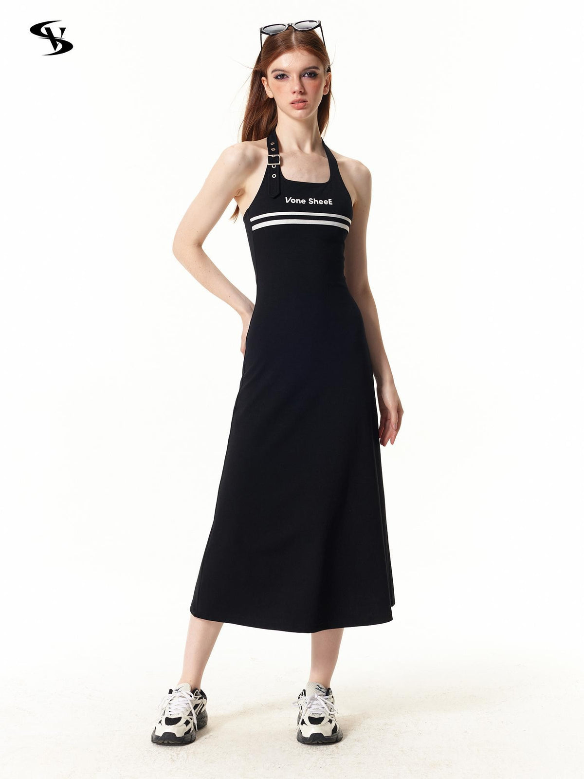 Vone SheeE Color Block Halter Sleeveless Fitted A Line Women&