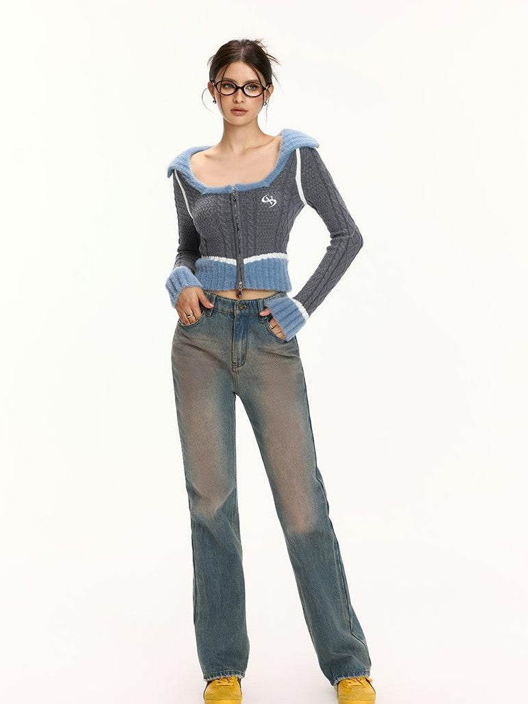 Vone SheeE Color Block Square Neck Zip Up Women&