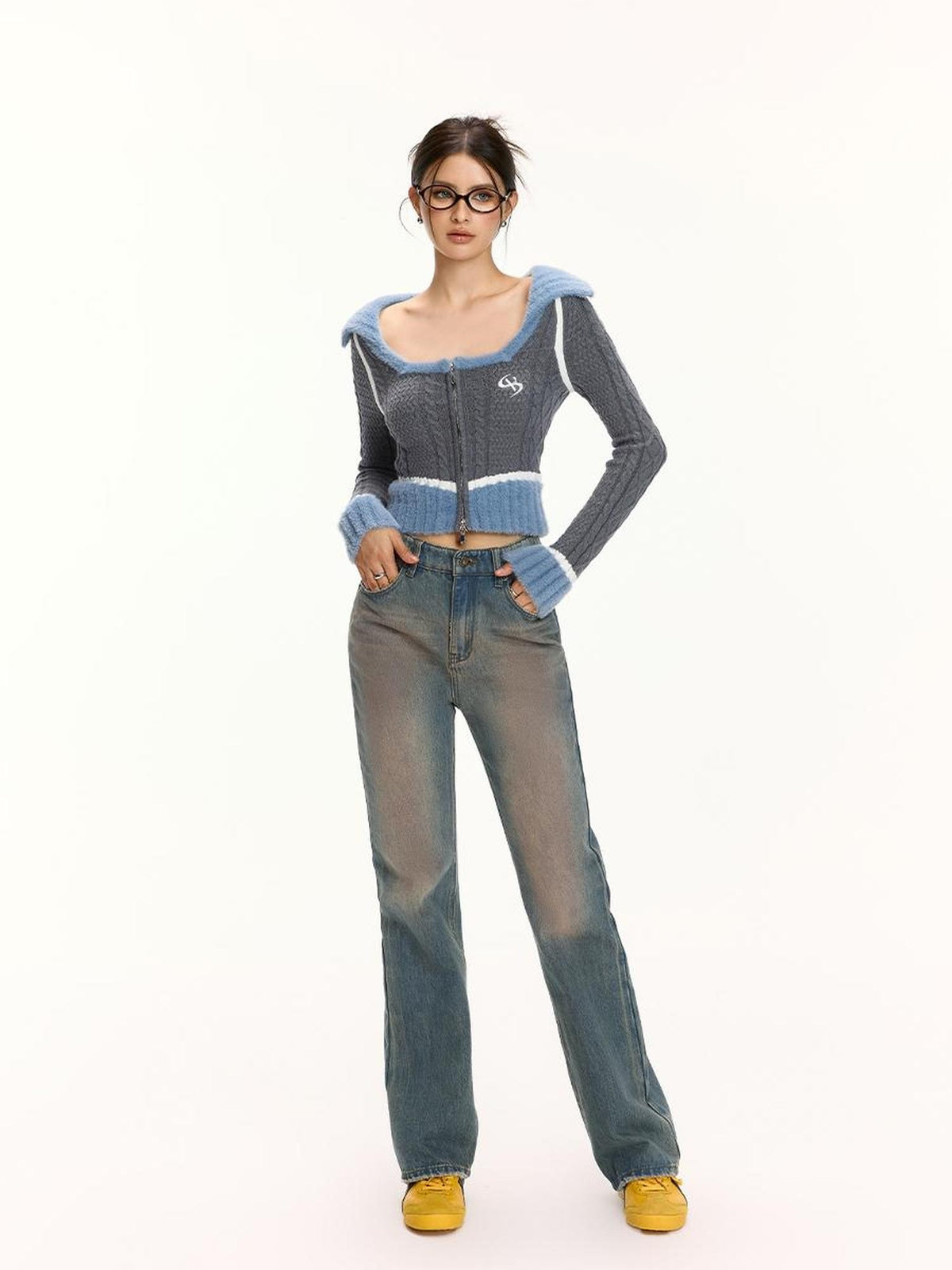 Vone SheeE Color Block Square Neck Zip Up Women&