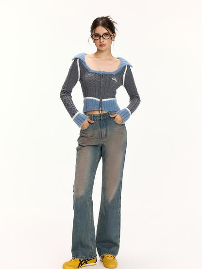 Vone SheeE Color Block Square Neck Zip Up Women&