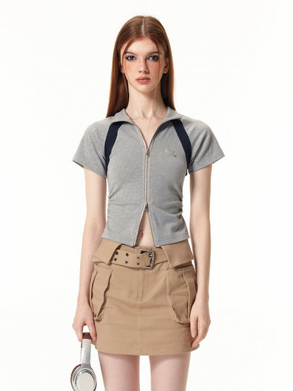 Vone_SheeE_Colorblock_Slim_Fit_Stand_Collar_Short_Sleeve_Women&