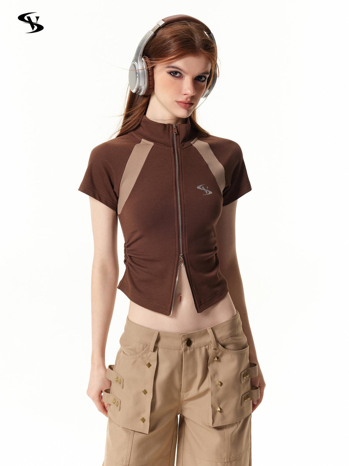Vone SheeE Colorblock Slim Fit Stand Collar Short Sleeve Women&