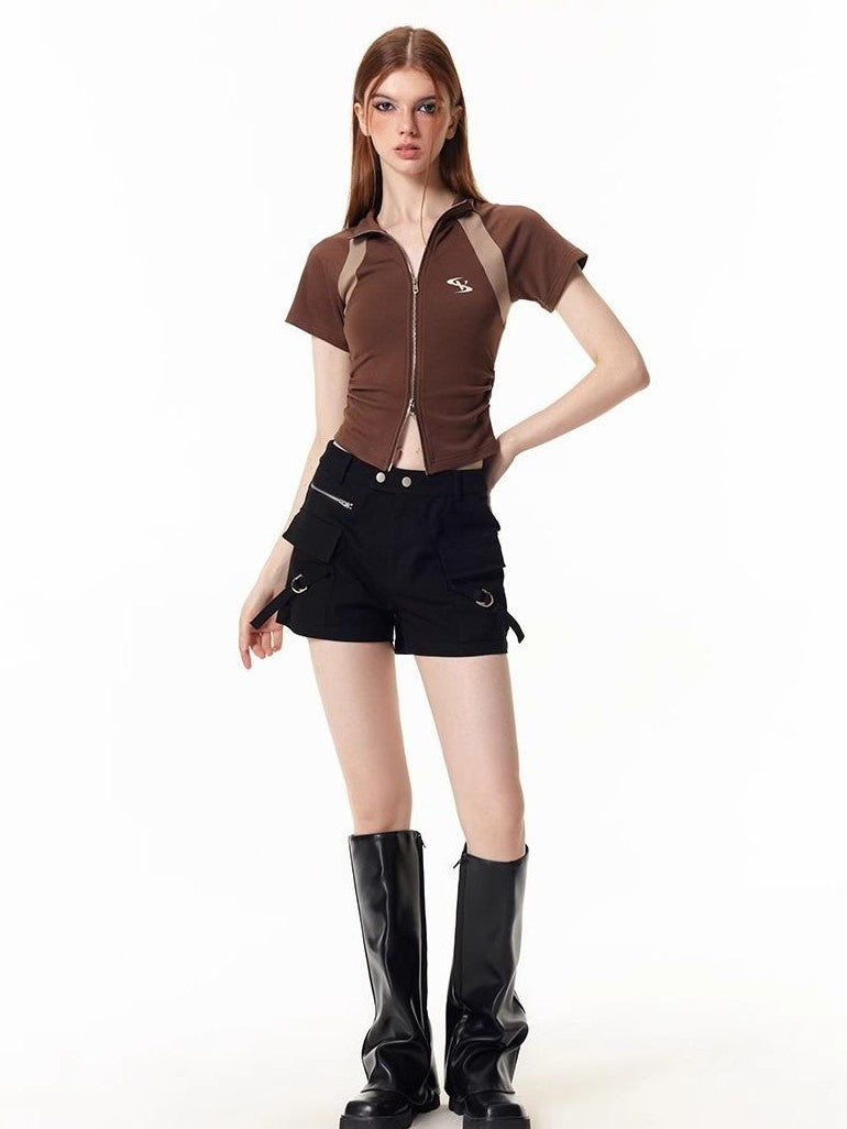 Vone SheeE Colorblock Slim Fit Stand Collar Short Sleeve Women&