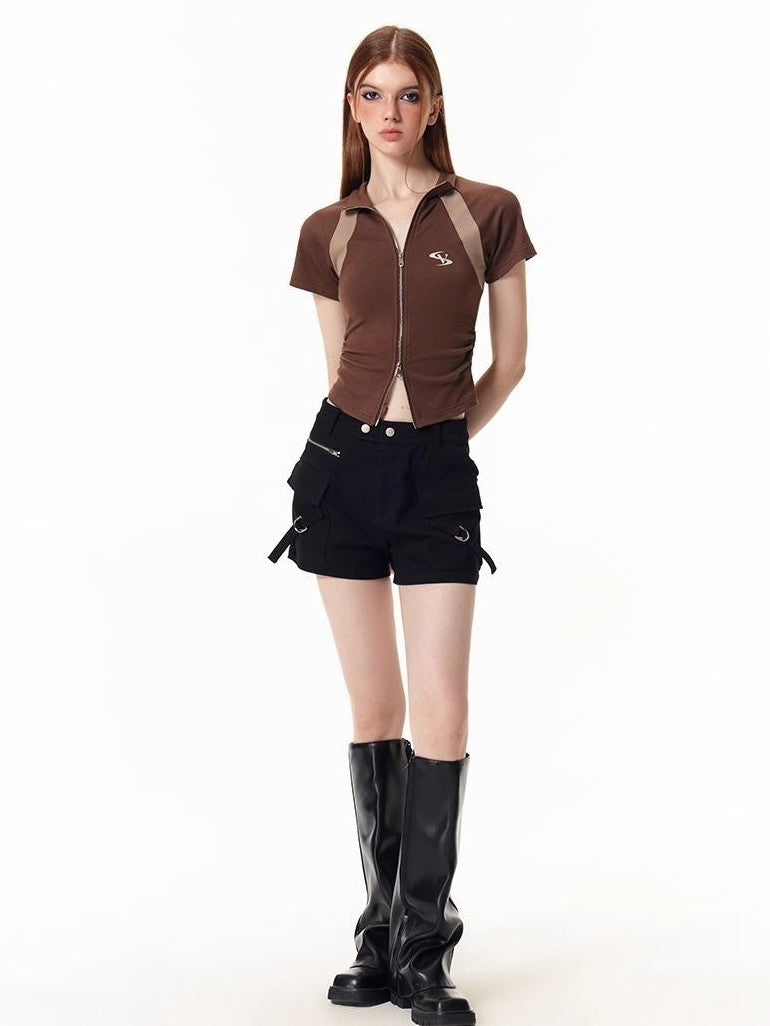 Vone SheeE Colorblock Slim Fit Stand Collar Short Sleeve Women&