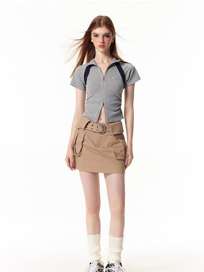 Vone SheeE Colorblock Slim Fit Stand Collar Short Sleeve Women&