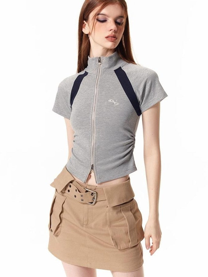 Vone SheeE Colorblock Slim Fit Stand Collar Short Sleeve Women&