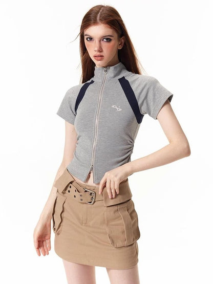 Vone SheeE Colorblock Slim Fit Stand Collar Short Sleeve Women&