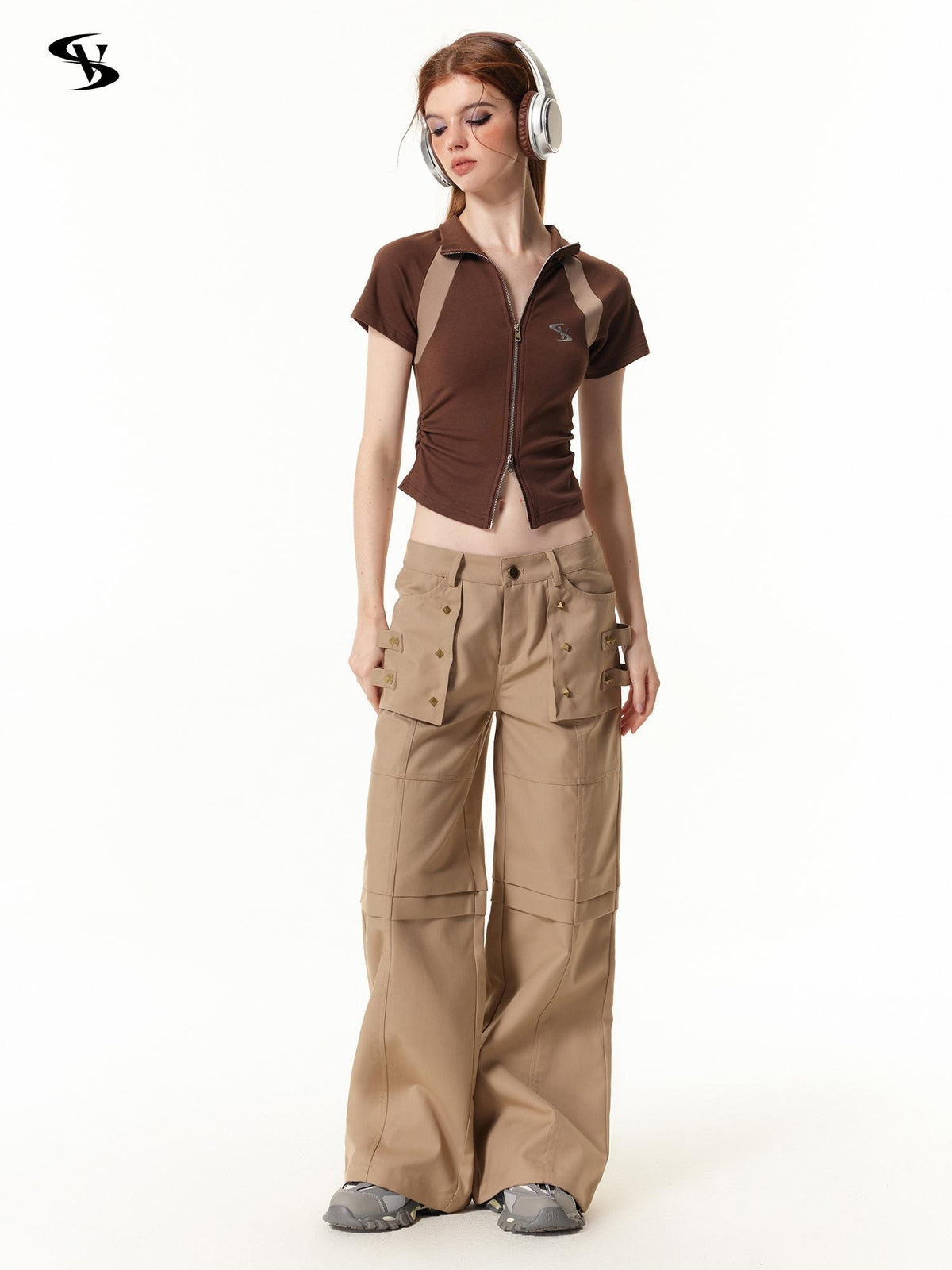 Vone SheeE Colorblock Slim Fit Stand Collar Short Sleeve Women&