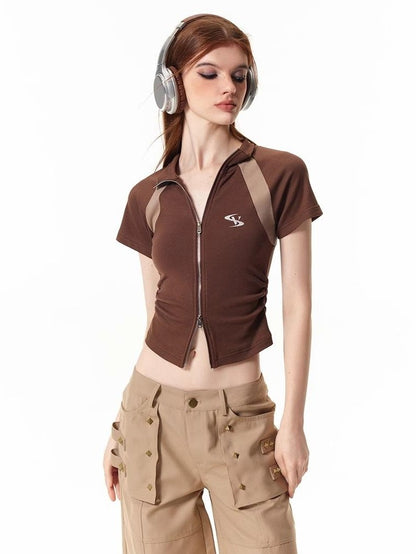 Vone SheeE Colorblock Slim Fit Stand Collar Short Sleeve Women&
