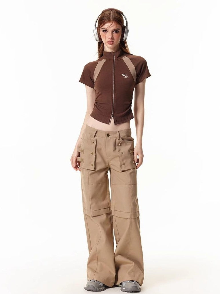 Vone SheeE Colorblock Slim Fit Stand Collar Short Sleeve Women&